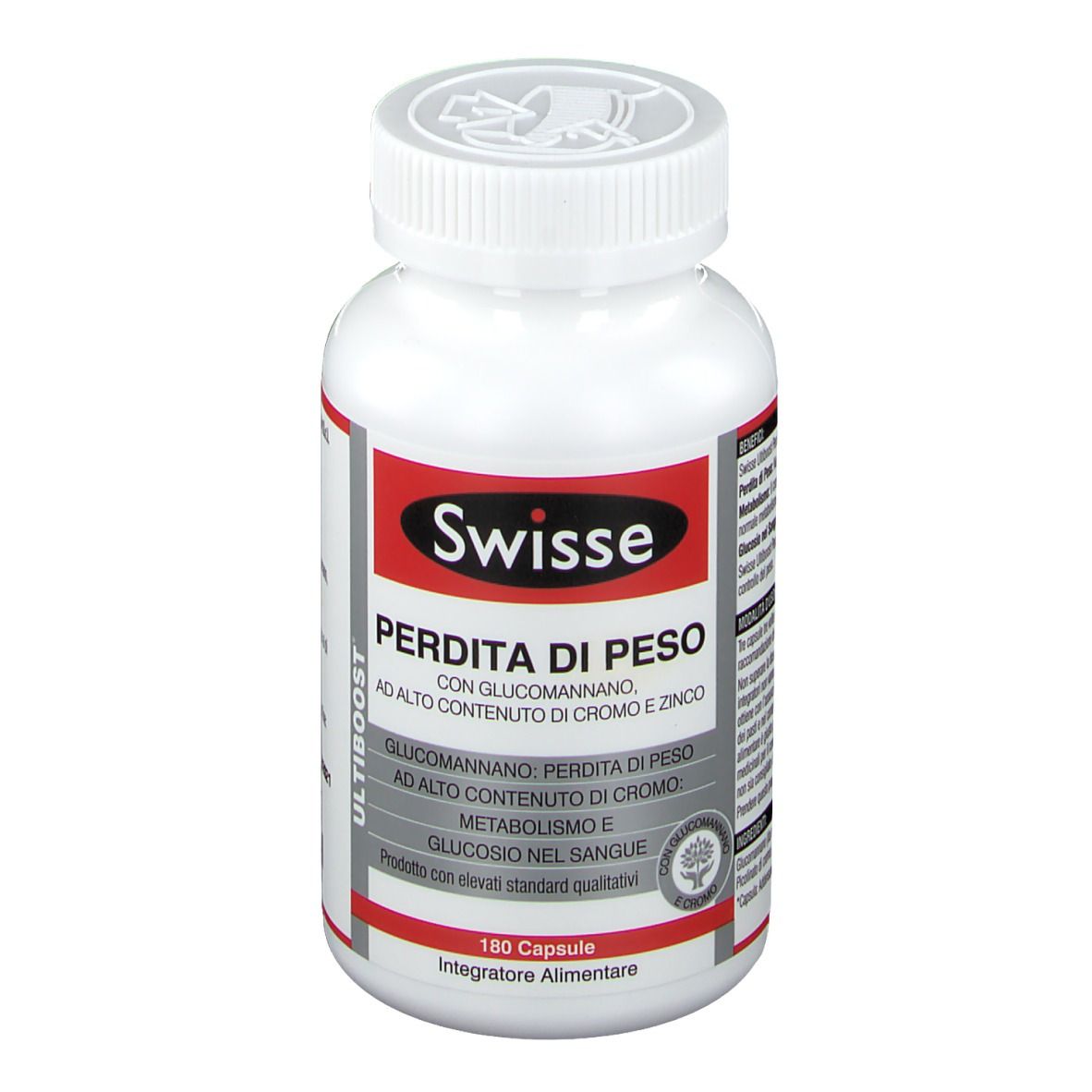 Flacone bianco con etichetta rossa. Scritta: Swisse Perdita di Peso. 180 capsule. Integratore alimentare.