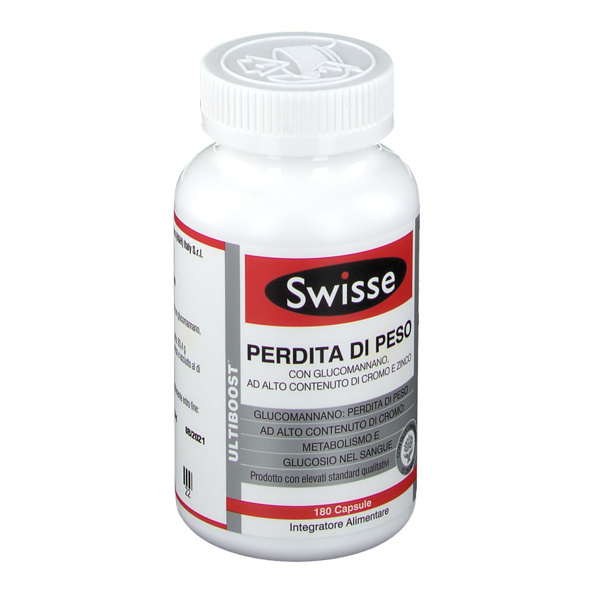 Flacone bianco con etichetta rossa. Scritta: Swisse Perdita di Peso. 180 capsule. Integratore alimentare.