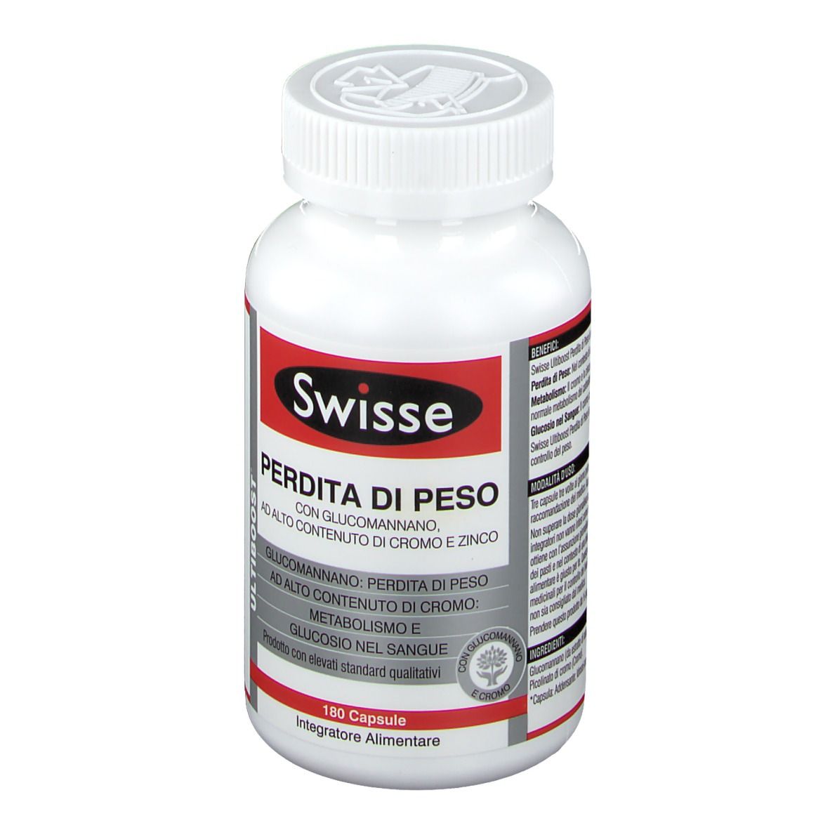Flacone bianco con etichetta rossa. Scritta: Swisse Perdita di Peso. 180 capsule. Integratore alimentare.