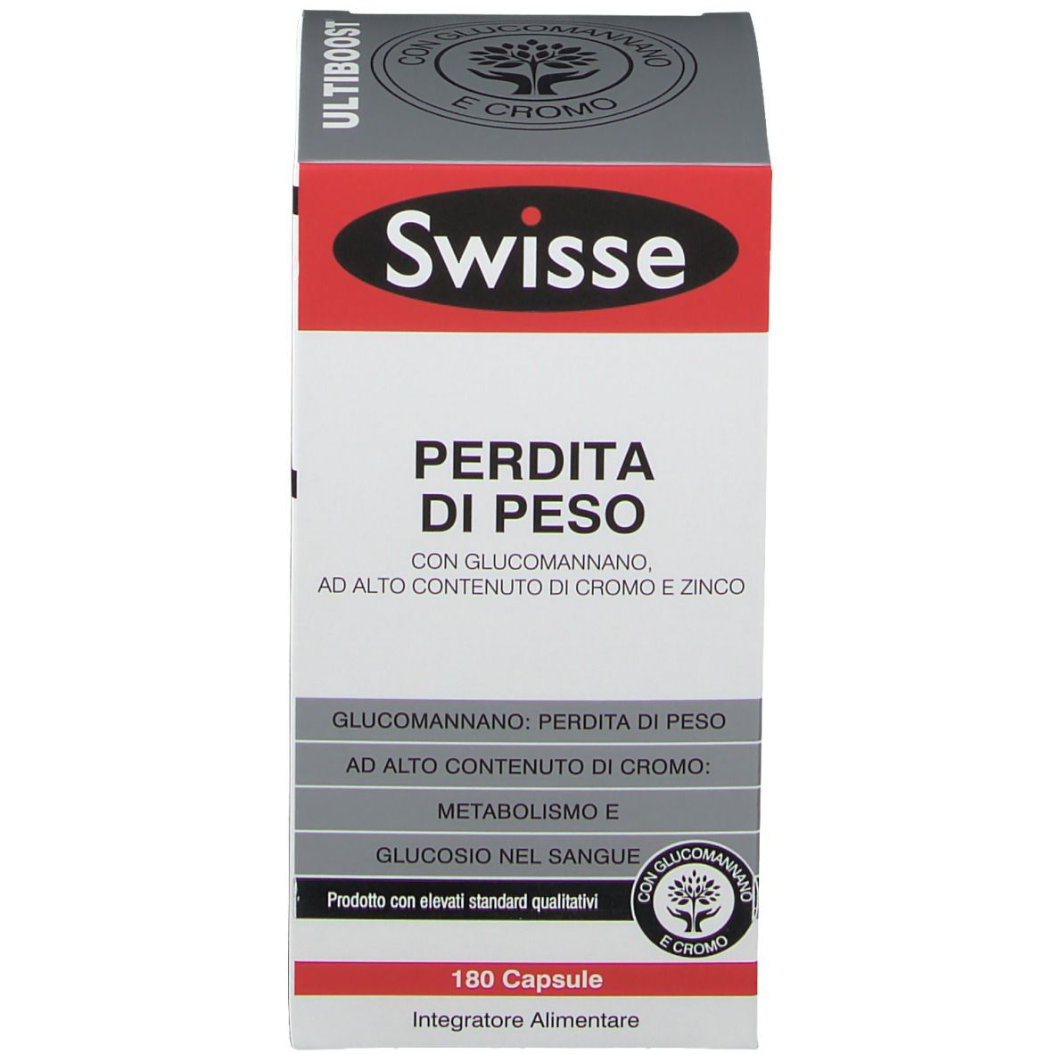 Confezione del prodotto. Scritta: Swisse Perdita di Peso. 180 capsule. Integratore alimentare.