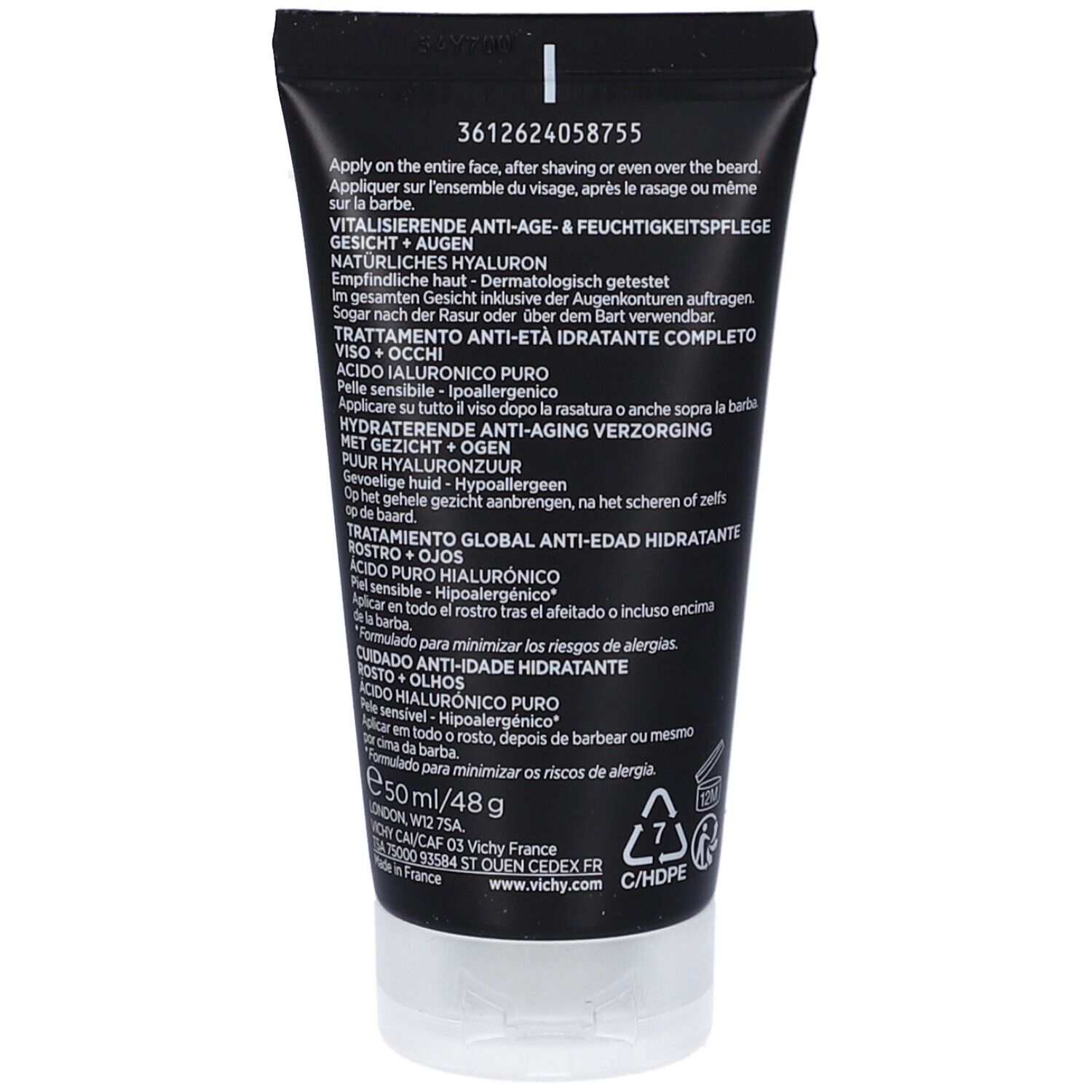 Dos du tube VICHY Homme Structure Force. Texte en allemand, anglais, italien, néerlandais. 50 ml.