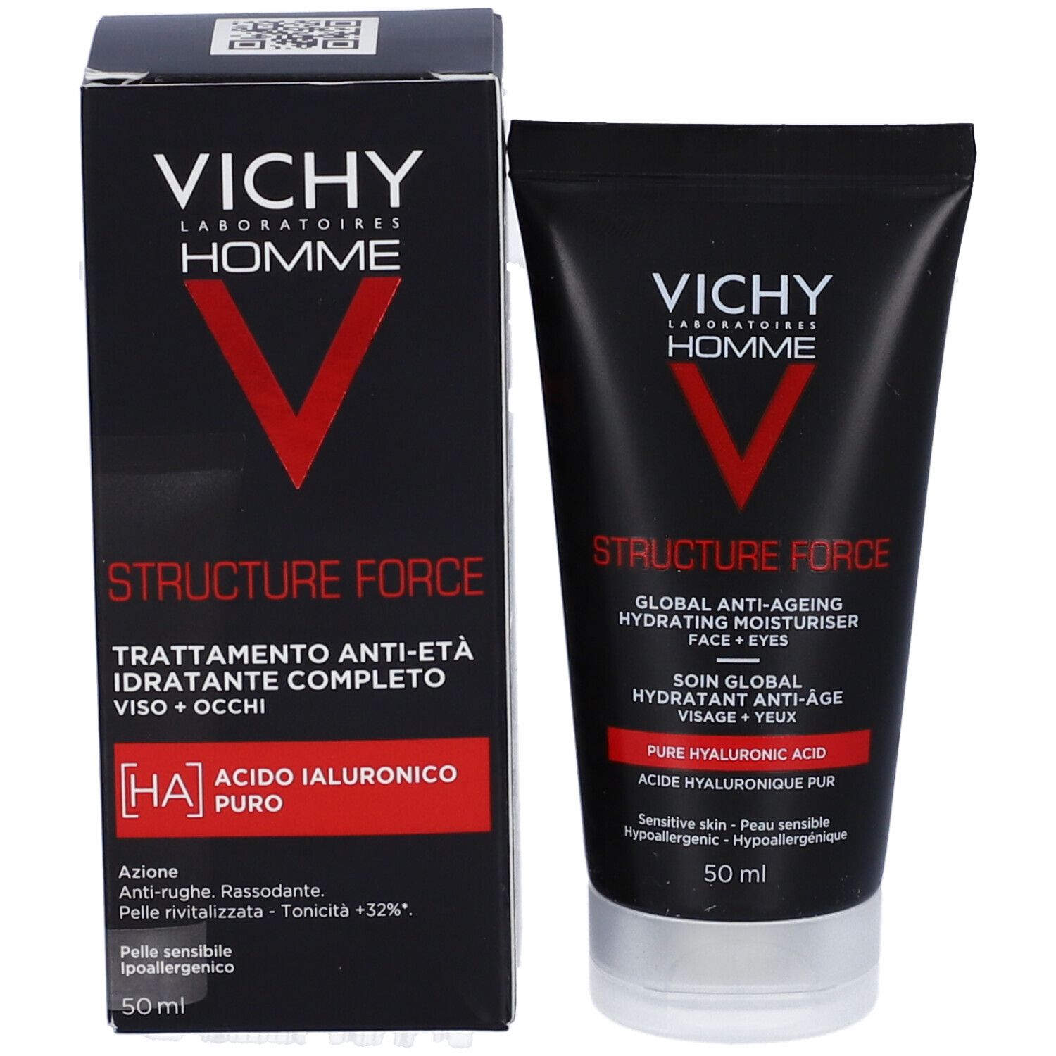 Emballage et tube VICHY Homme Structure Force. Inscription: Structure Force, 50 ml. Avec [HA] Acido Ialuronico Puro.