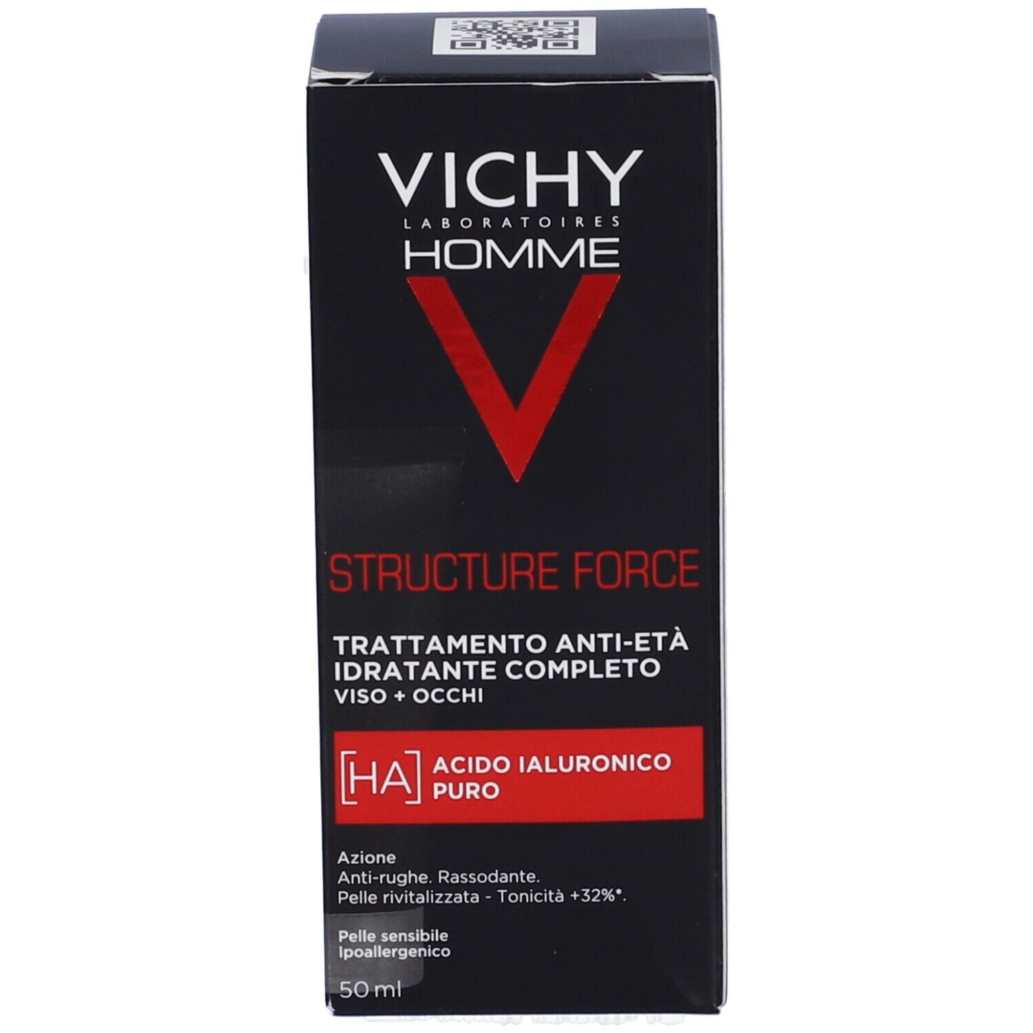 Emballage VICHY Homme Structure Force. Inscription: Structure Force, 50 ml. Avec [HA] Acido Ialuronico Puro.