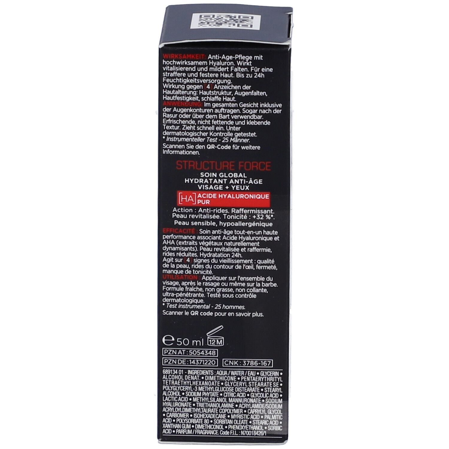 Dos de l'emballage VICHY Homme Structure Force. Texte en allemand, anglais, italien, néerlandais. 50 ml.