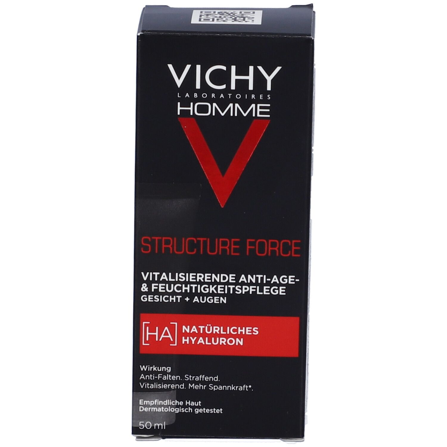 Emballage VICHY Homme Structure Force. Inscription: Vitalisierende Anti-Age- & Feuchtigkeitspflege Gesicht + Augen. 50 ml.