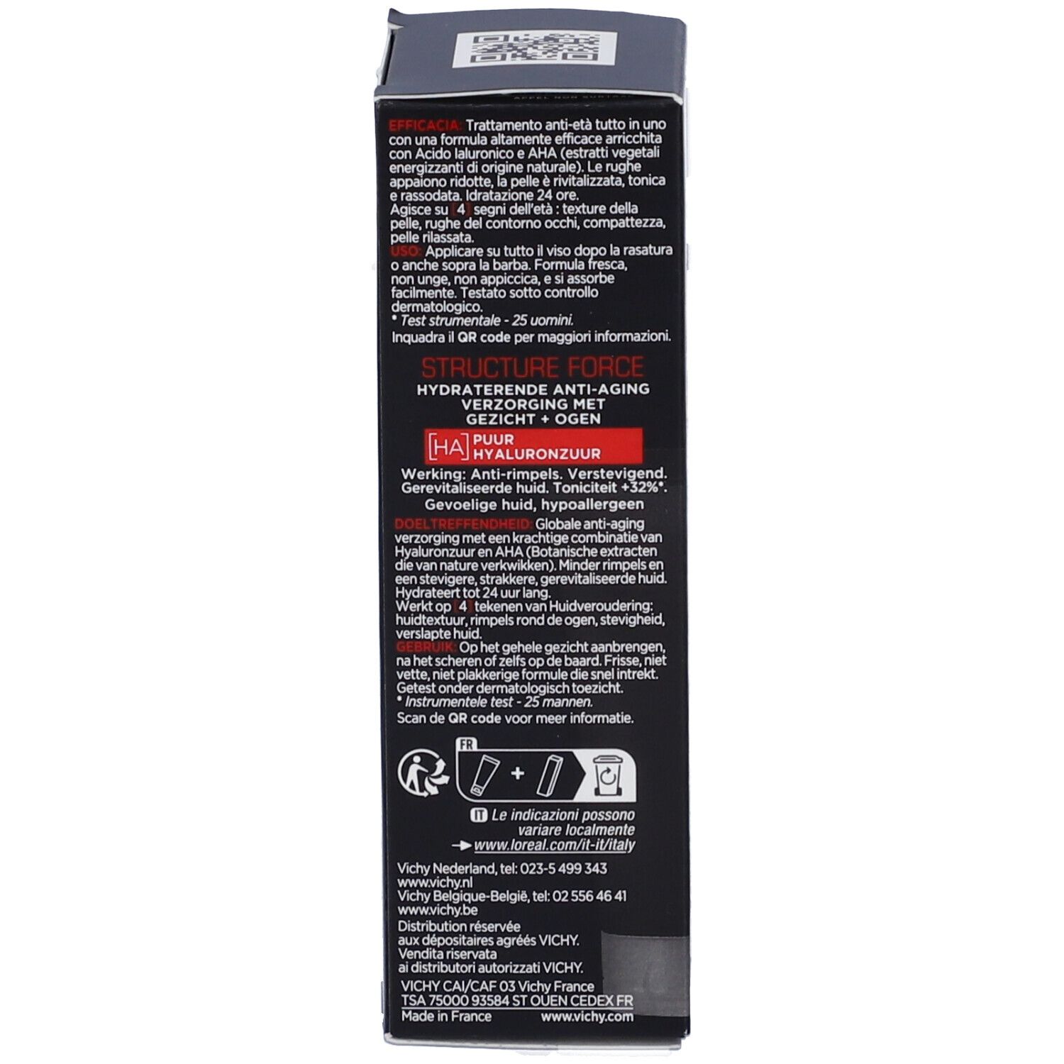 Dos de l'emballage VICHY Homme Structure Force. Texte en allemand, anglais, italien, néerlandais. 50 ml.