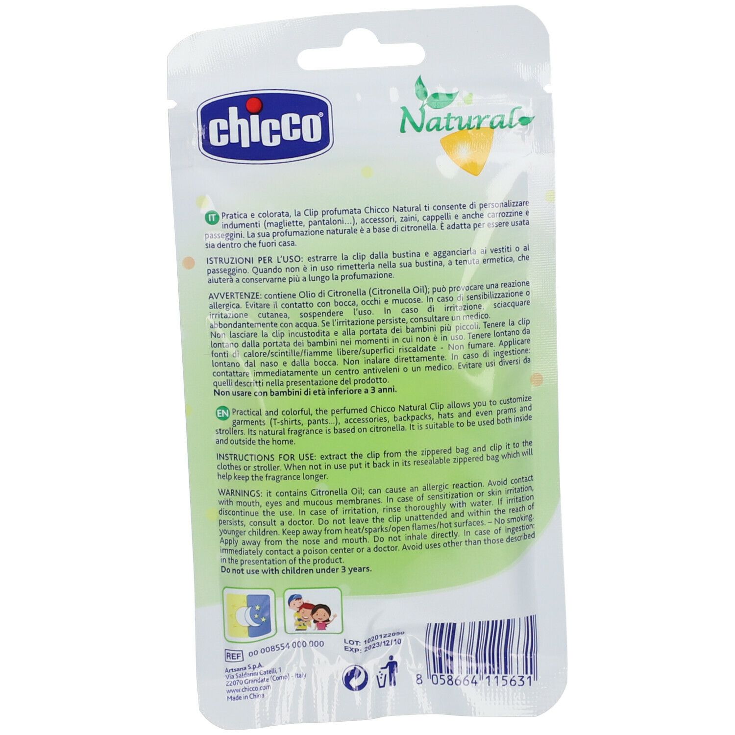 Confezione del Chicco Clip Profumata alla Citronella. Bianca, con logo e testo. Retro con informazioni sul prodotto e avvertenze.