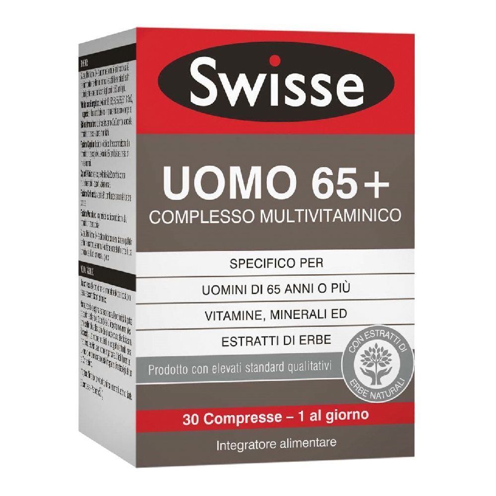 Swisse Uomo 65+ complesso multivitaminico. Scatola con 30 compresse. Confezione rossa e bianca con informazioni.