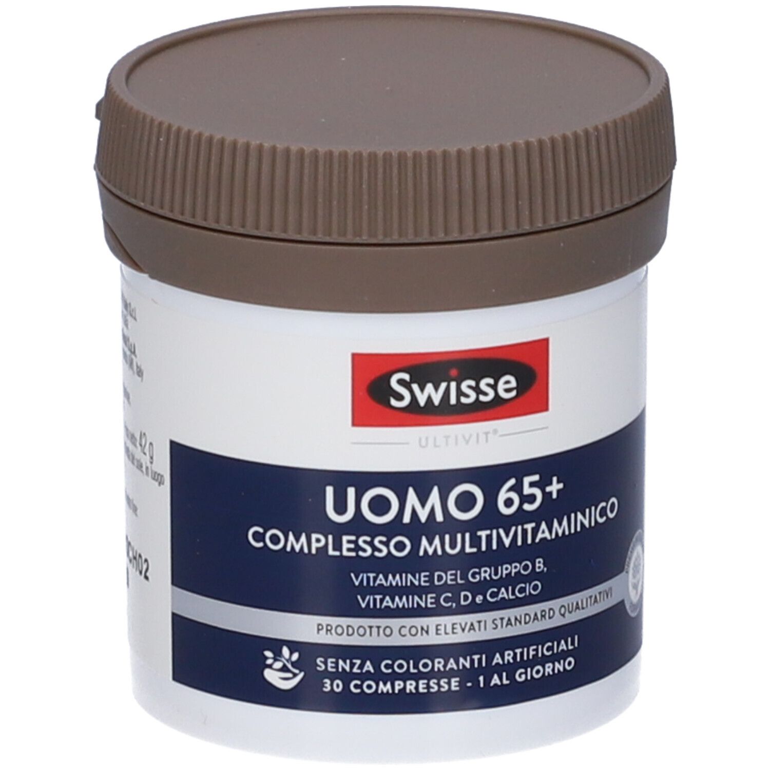 Swisse Uomo 65+ complesso multivitaminico. Barattolo con coperchio marrone. Fronte con informazioni.