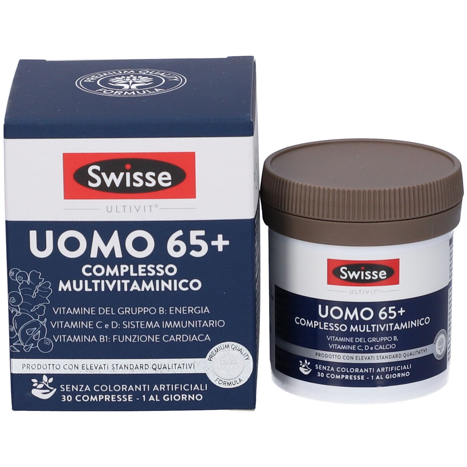 Swisse Uomo 65+ complesso multivitaminico. Barattolo e scatola. Barattolo con coperchio marrone, scatola blu e bianca.