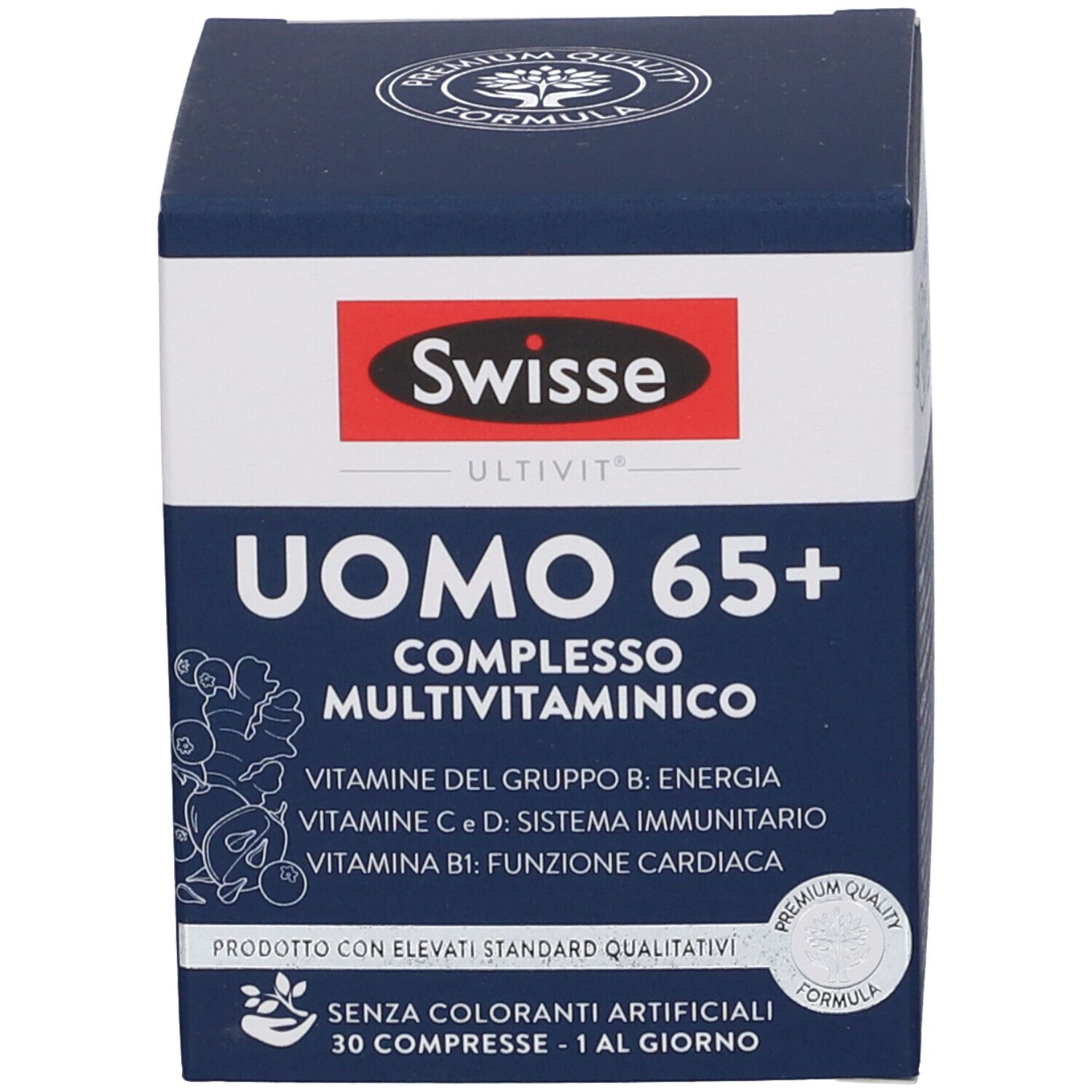 Swisse Uomo 65+ complesso multivitaminico. Scatola blu e bianca con informazioni e illustrazioni.