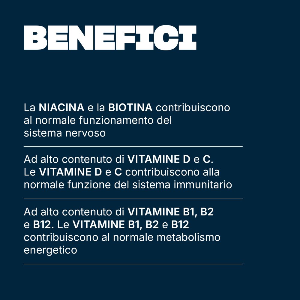 Text auf blauem Hintergrund: Vorteile. Niacin und Biotin für das Nervensystem. Vitamine D und C für das Immunsystem.