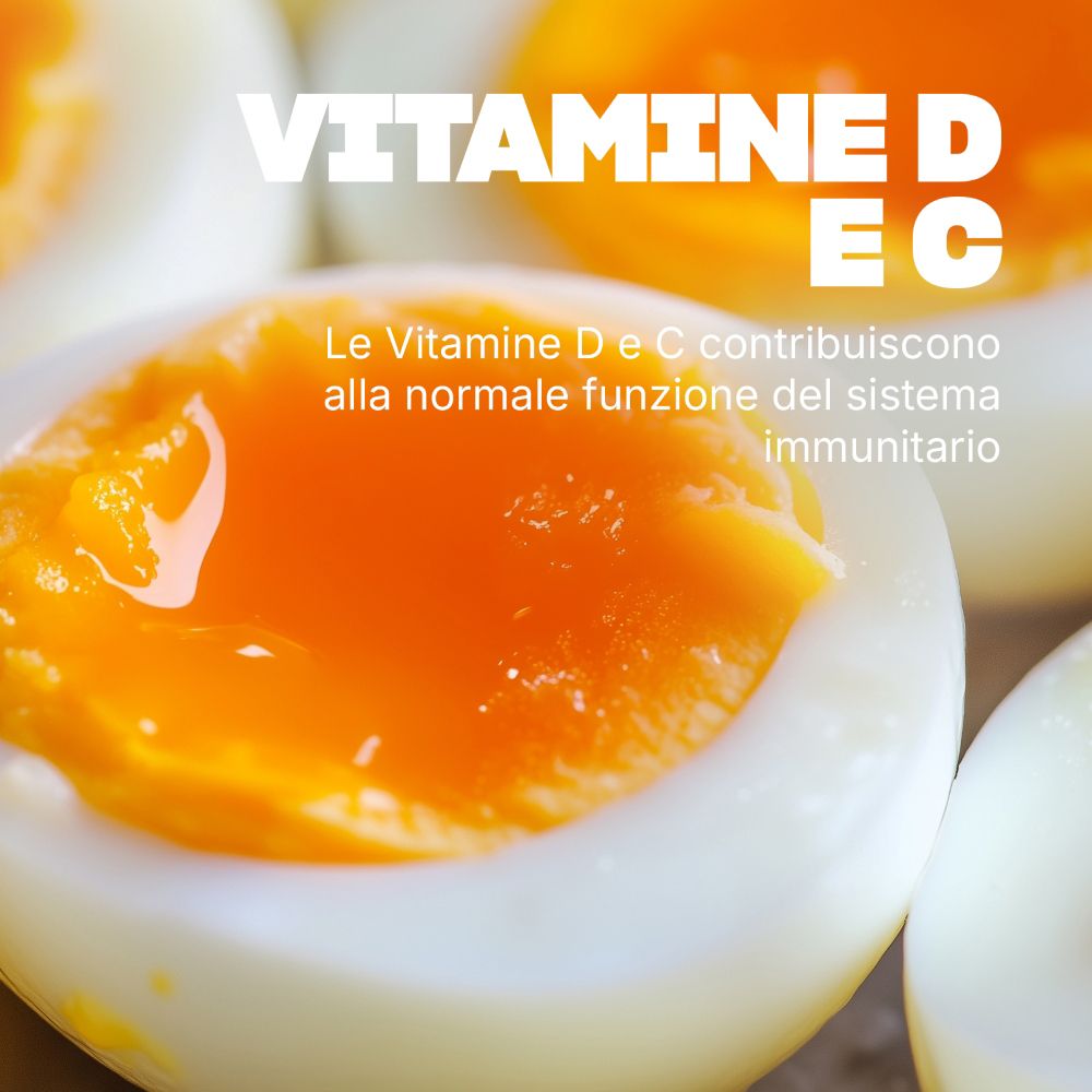 Nahaufnahme von Eiern. Text: Vitamine D und C. Vitamine D und C tragen zur normalen Funktion des Immunsystems bei.