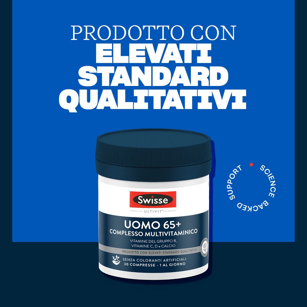 Runde Dose Swisse Uomo 65+ Multivitaminico Completo. Blaue Dose mit Produktinformationen und Qualitätszeichen.