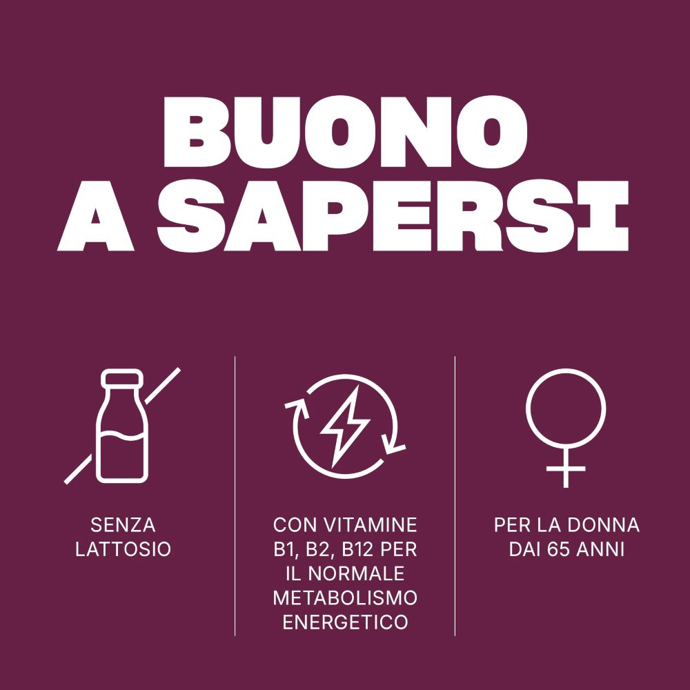 Symbole: Laktosefrei, Vitamine B1, B2, B12 für Energie, für Frauen über 65.