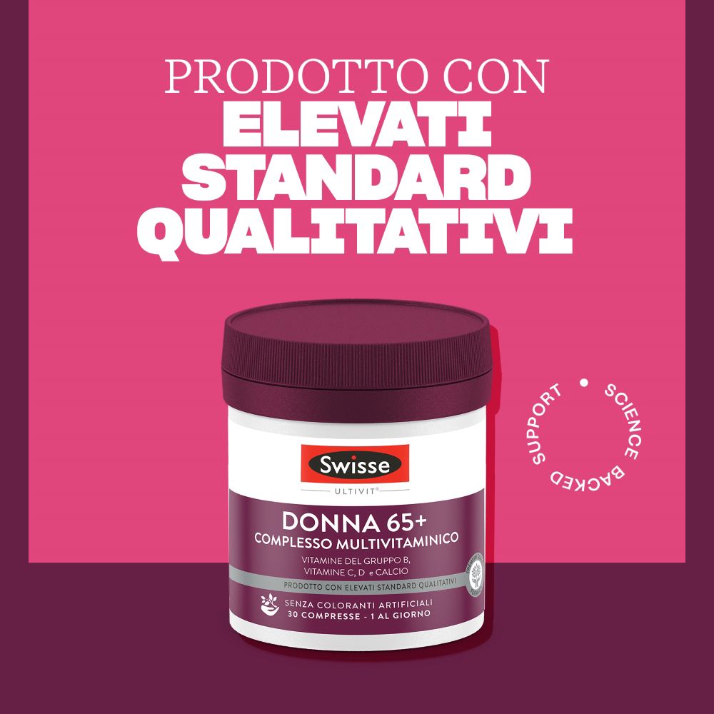 Swisse Donna 65+ Multivitamin-Flasche, hohe Qualitätsstandards.