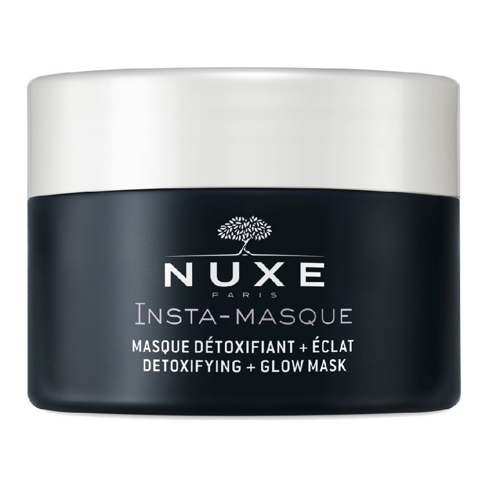 Vasetto nero con coperchio bianco. Scritta: NUXE PARIS, Insta-Masque, Masque Détoxifiant + Éclat, Detoxifying + Glow Mask.