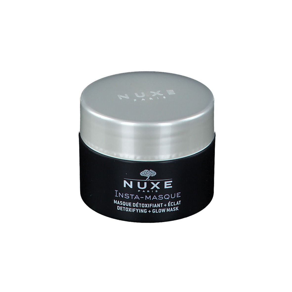 Vasetto rotondo nero con coperchio argentato. Scritta: NUXE PARIS, Insta-Masque, Masque Détoxifiant + Éclat, Detoxifying + Glow Mask.
