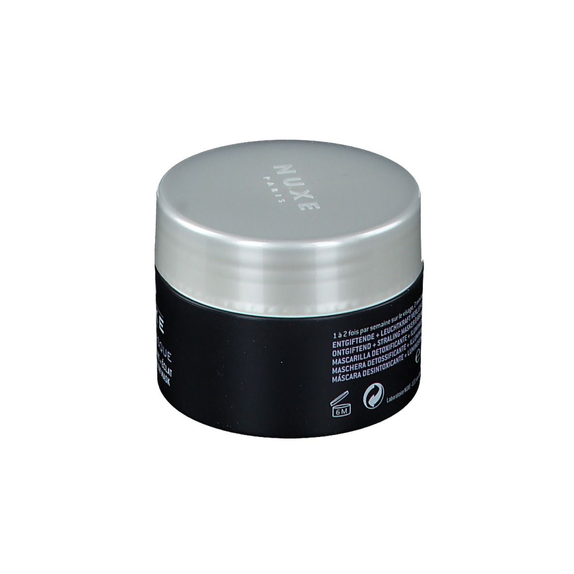 Vasetto nero con coperchio argentato. Scritta: NUXE PARIS. Testo sul retro. E50ml 1.7 OZ. NET WT. Made in France.