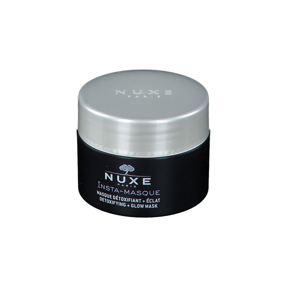 Vasetto nero con coperchio argentato. Scritta: NUXE PARIS, Insta-Masque, Masque Détoxifiant + Éclat, Detoxifying + Glow Mask.