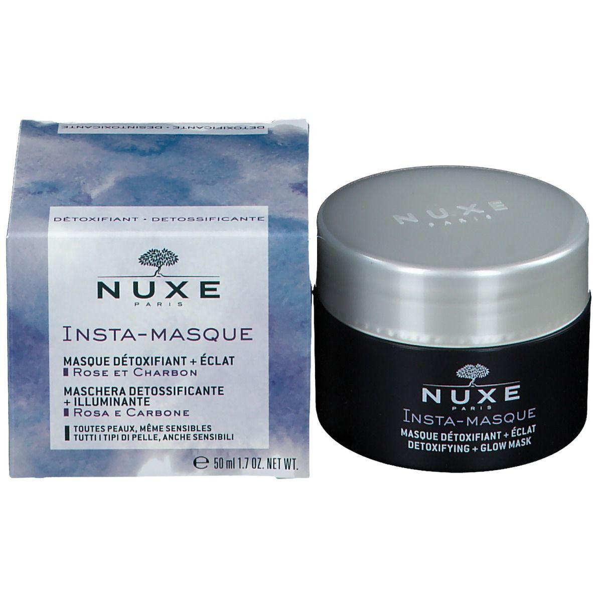 Confezione del prodotto con vasetto e scatola. Scritta: NUXE PARIS, Insta-Masque, Masque Détoxifiant + Éclat, Detoxifying + Glow Mask.