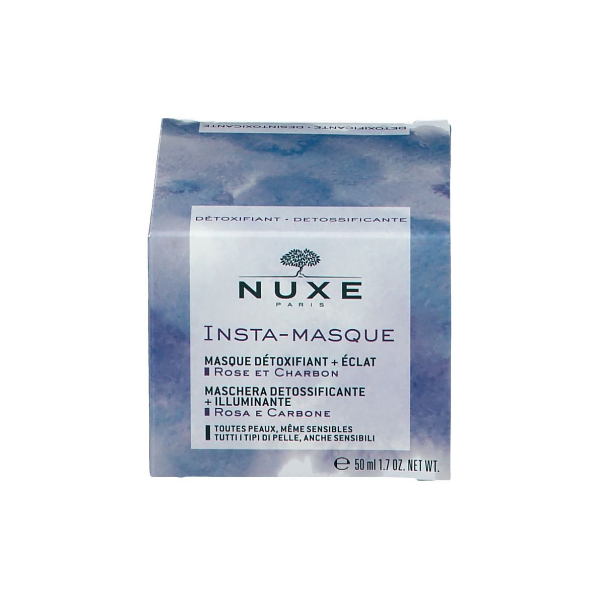 Confezione del prodotto con scatola. Scritta: NUXE PARIS, Insta-Masque, Masque Détoxifiant + Éclat, Detoxifying + Glow Mask.