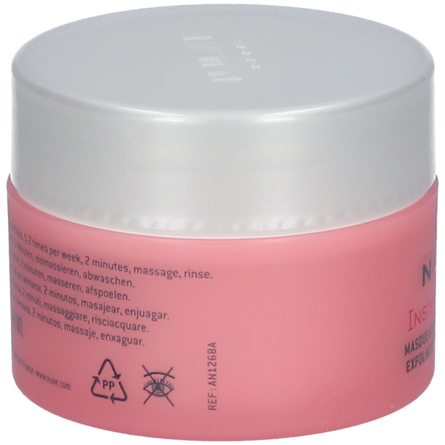 Retro del vaso rosa Nuxe Insta-Masque con coperchio argentato. Testo multilingue. Simboli di riciclaggio.
