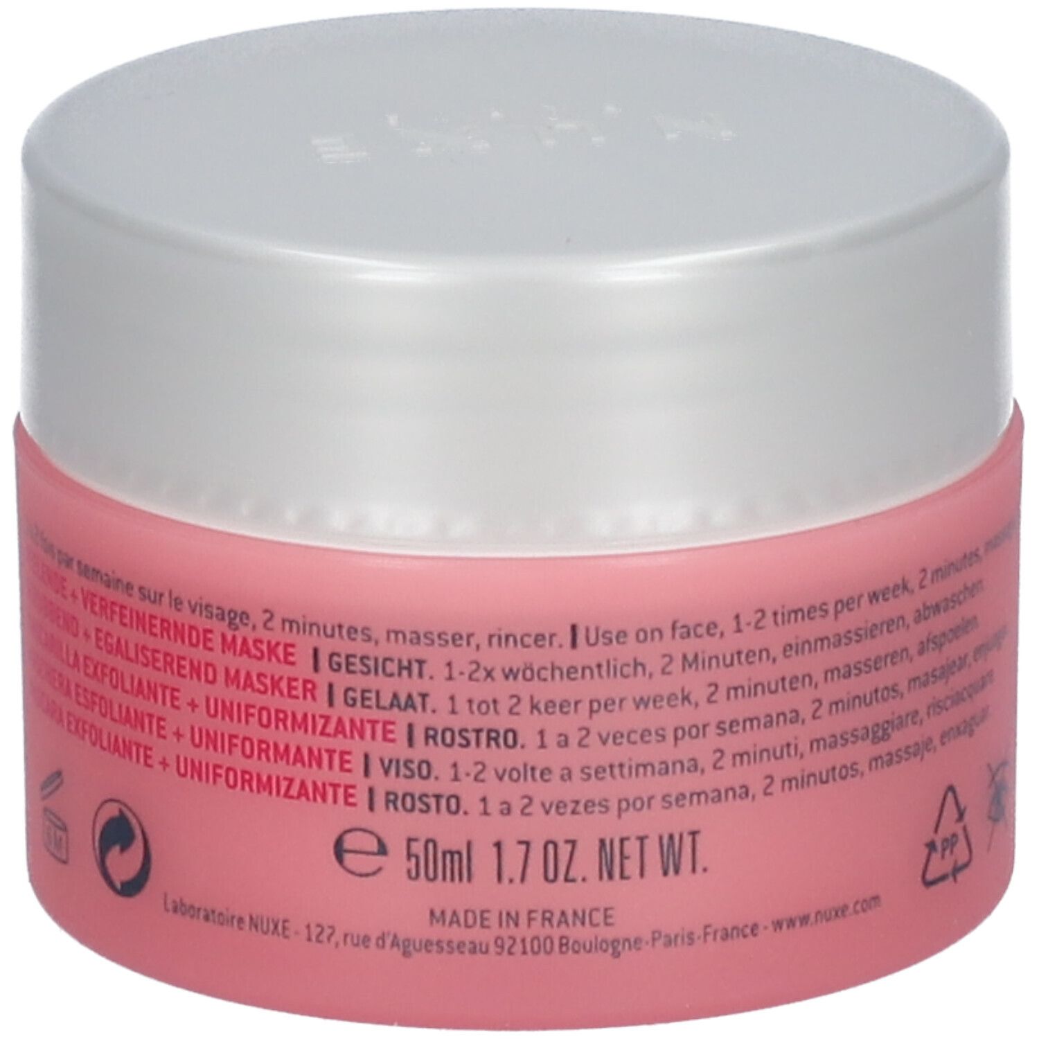 Vaso Nuxe Insta-Masque rosa con coperchio argentato. Testo multilingue, 50ml, 1.7 OZ. NET WT.