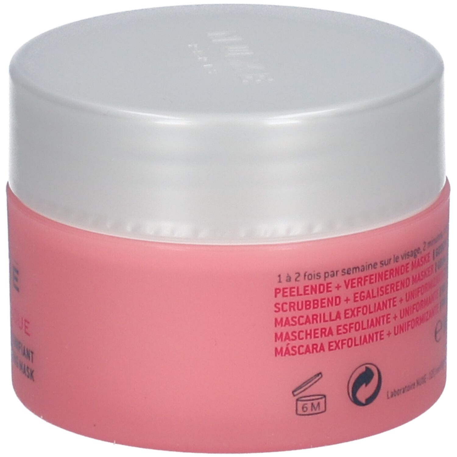 Vaso Nuxe Insta-Masque rosa con coperchio argentato. Testo multilingue, simbolo 6M.