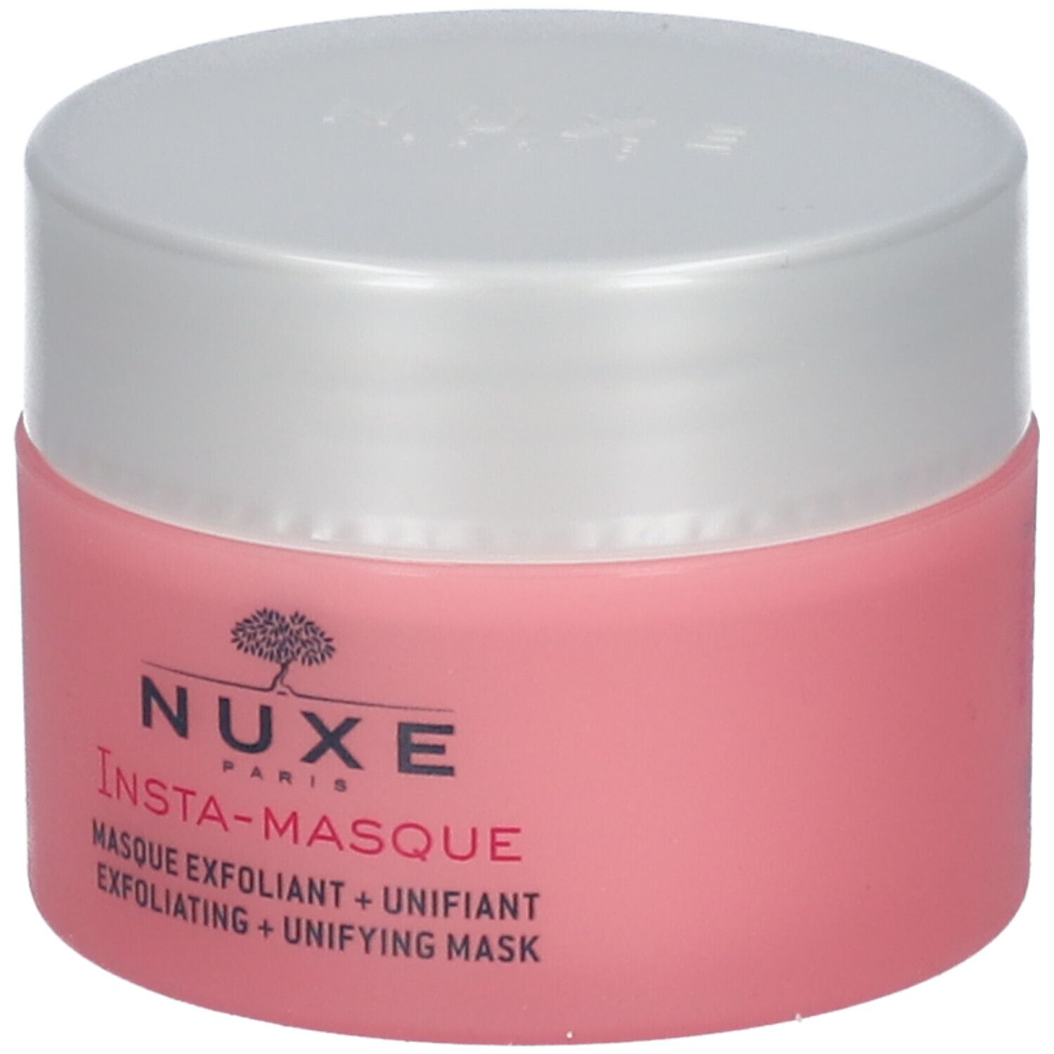 Vaso rosa Nuxe Insta-Masque con coperchio argentato. Scritta: Nuxe, Insta-Masque, Maschera esfoliante + uniformante.