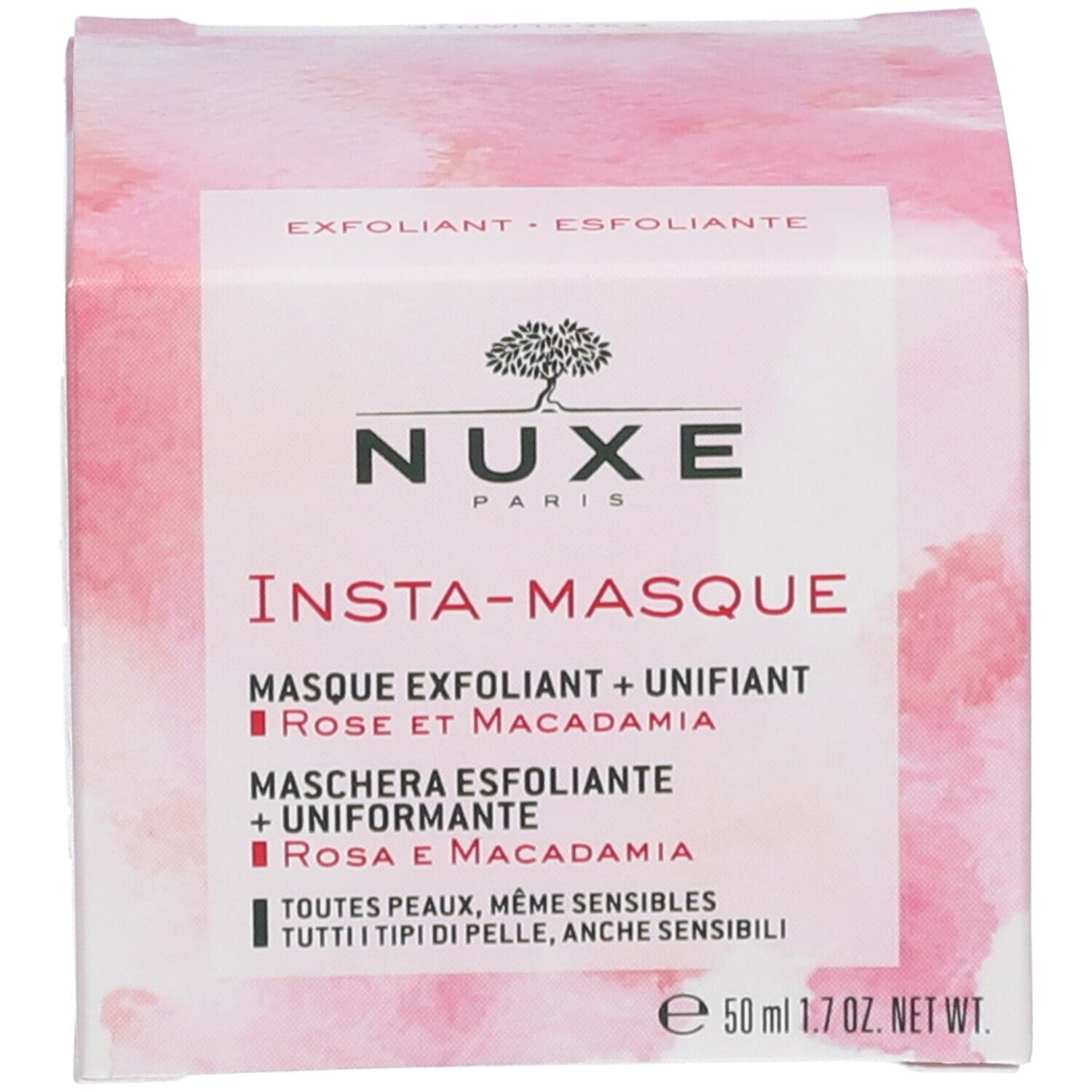 Confezione Nuxe Insta-Masque, rosa con etichetta bianca. Scritta: Nuxe, Insta-Masque, Maschera esfoliante + uniformante.