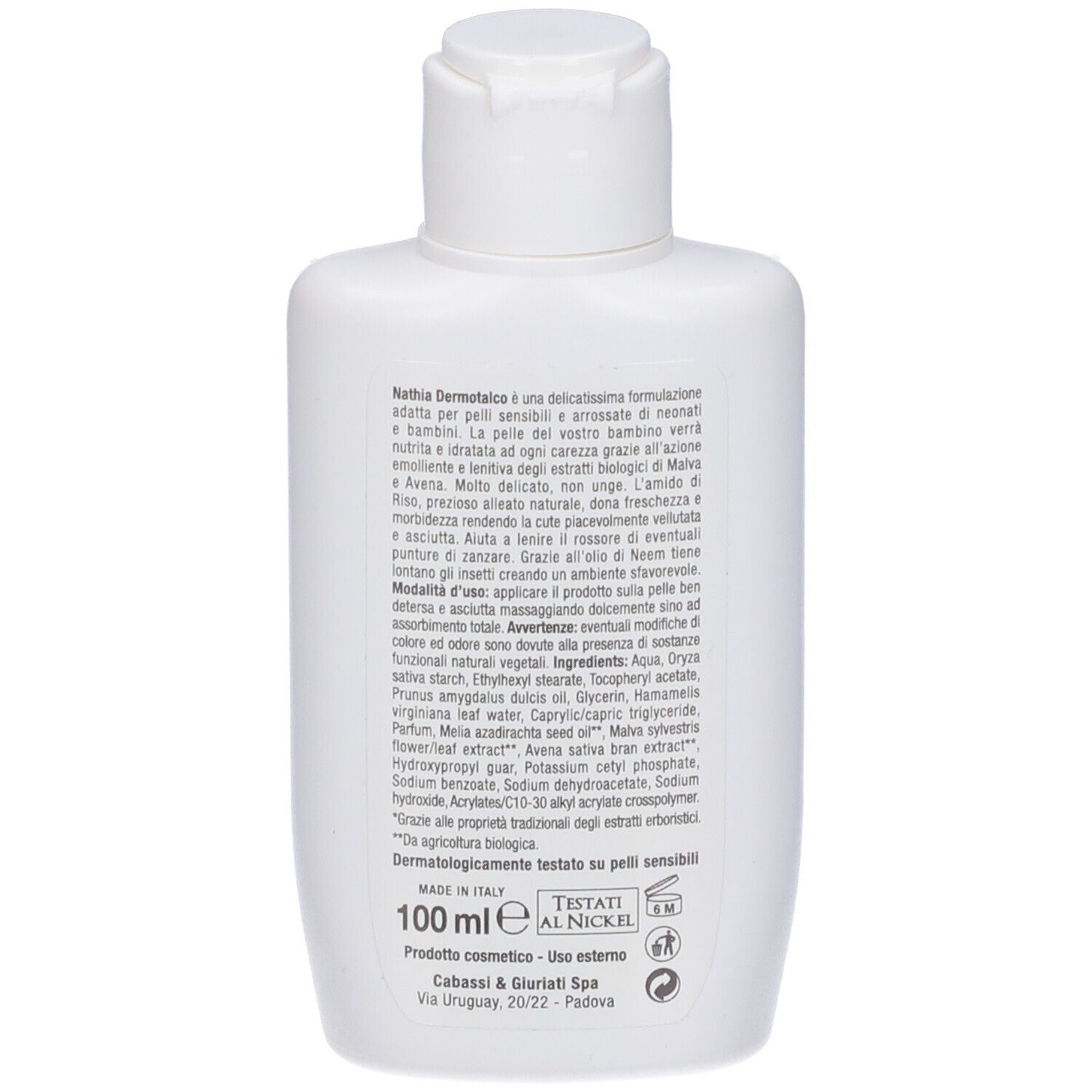 Flacone bianco con tappo bianco. Scritta Nathia Dermotalco. Testo in italiano. Stampe e loghi.