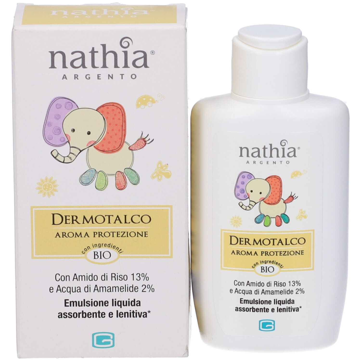 Confezione del prodotto con flacone. Sulla confezione: Nathia Argento, Dermotalco, Aroma Protezione, con un cartone animato di elefante.