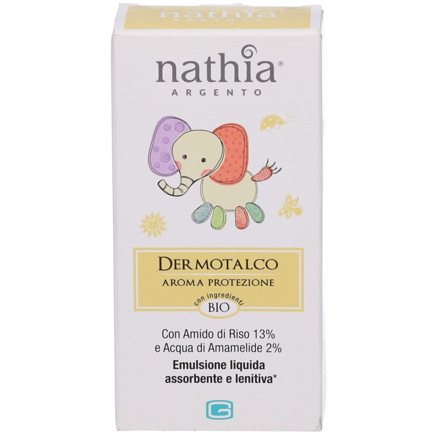 Confezione in cartone con Nathia Argento, Dermotalco, Aroma Protezione, con un cartone animato di elefante. Testo in italiano.