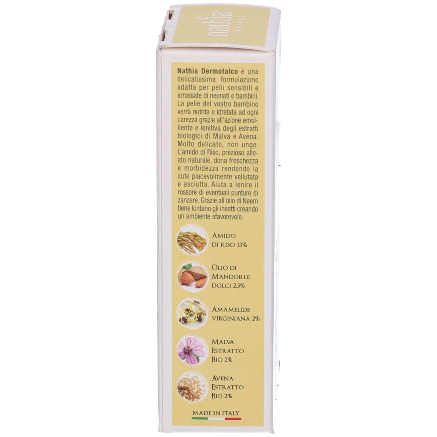 Confezione in cartone con testo in italiano. Illustrazioni degli ingredienti. Logo e scritta Nathia Argento.