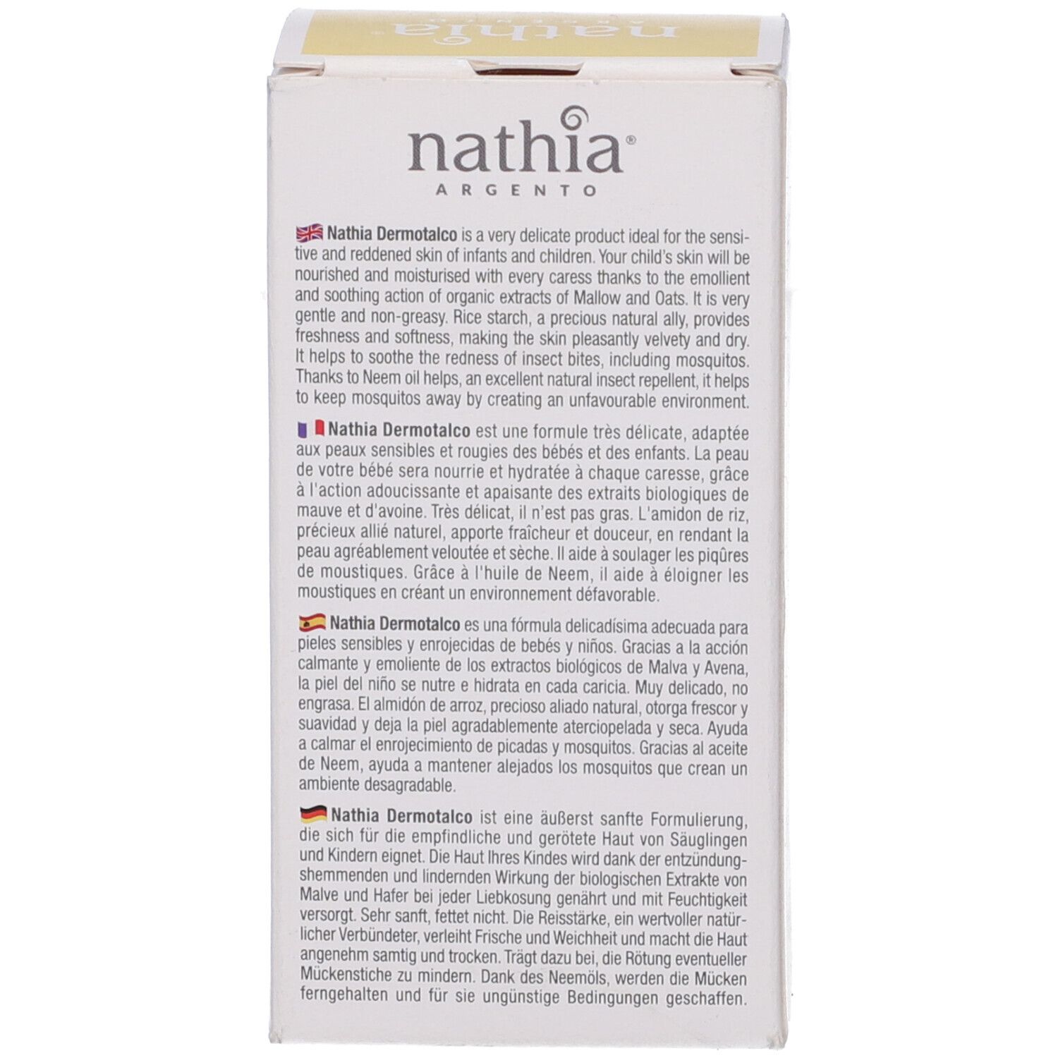 Confezione in cartone con testo in italiano, francese, olandese e tedesco. Logo Nathia Argento.