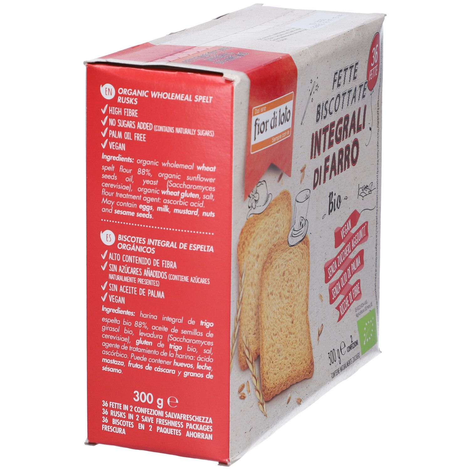 Confezione di Fette Biscottate Integrali di Farro. 36 fette. Certificazione Bio. Lista ingredienti sul lato.