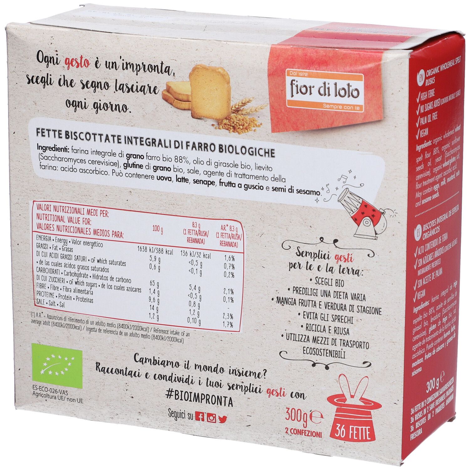 Retro della confezione di Fette Biscottate Integrali di Farro. Valori nutrizionali e certificazione Bio. Contiene 36 fette.