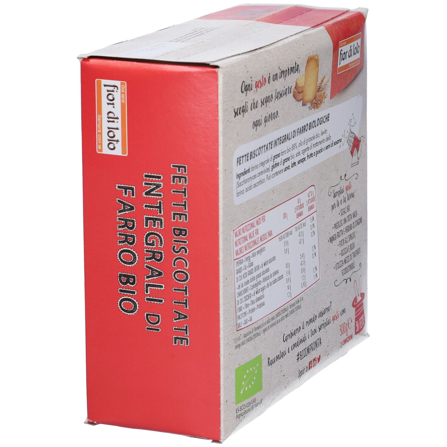 Vista laterale della confezione di Fette Biscottate Integrali di Farro. Contiene 36 fette. Certificazione Bio.