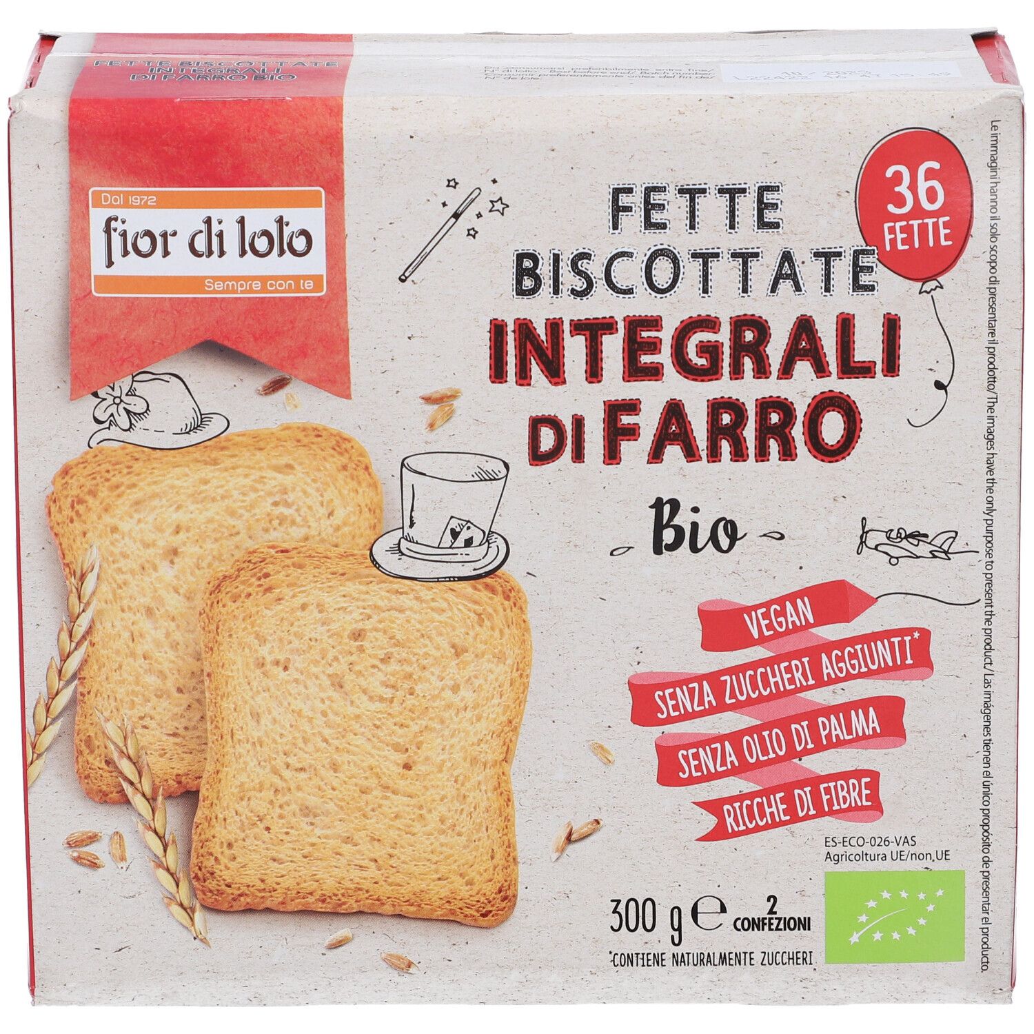 Confezione di Fette Biscottate Integrali di Farro. 36 fette. Certificazione Bio. Vegano, senza zuccheri aggiunti, senza olio di palma.