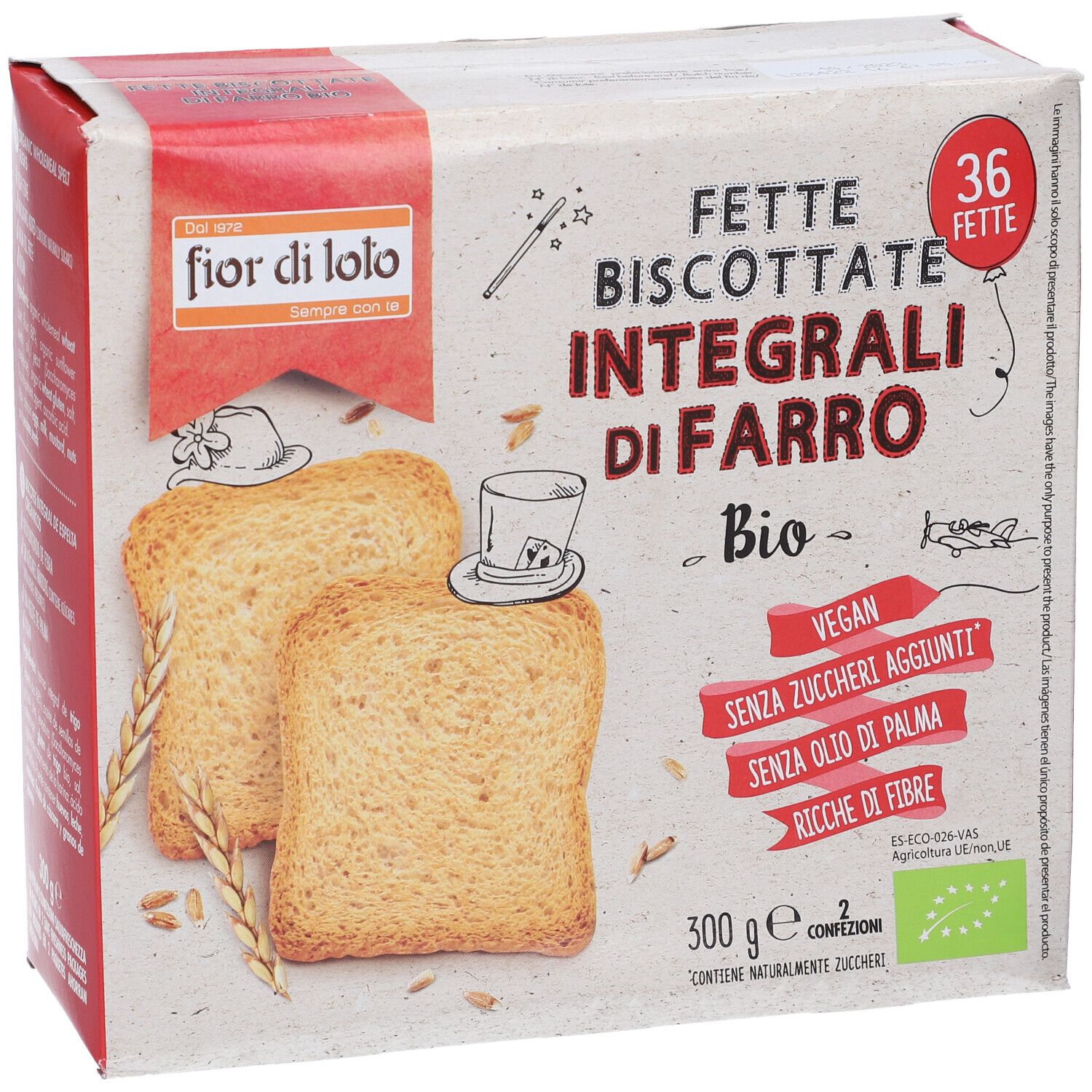 Confezione di Fette Biscottate Integrali di Farro. 36 fette. Certificazione Bio. Vegano, senza zuccheri aggiunti, senza olio di palma.