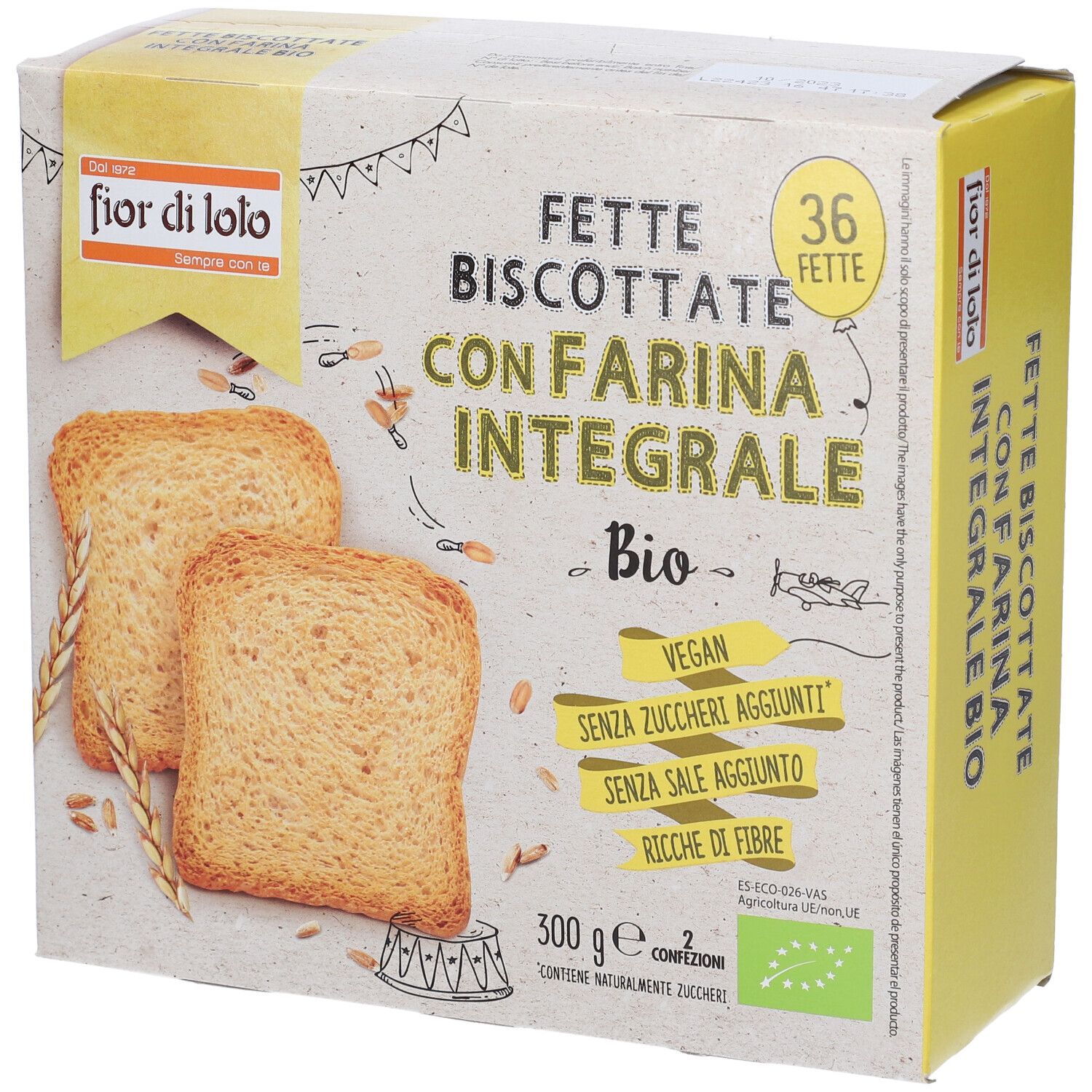 Confezione di Fette Biscottate Integr Frum. Scritta: Fette Biscottate con Farina Integrale Bio. 36 Fette. Vegan.