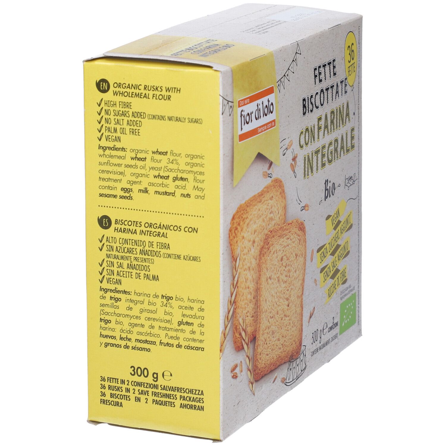 Confezione di Fette Biscottate Integr Frum. Scritta: Fette Biscottate con Farina Integrale Bio. Contiene 36 pezzi. Vegan.
