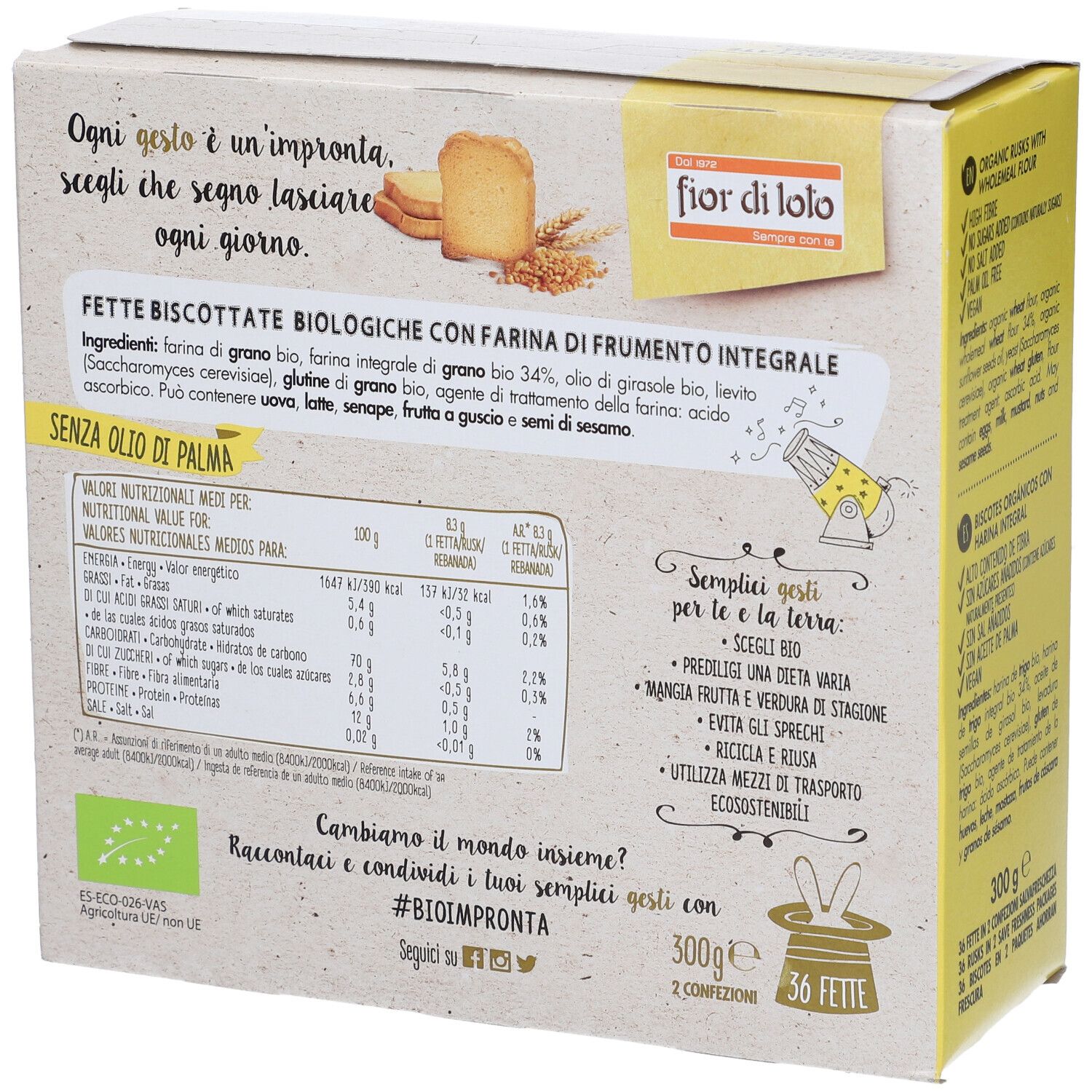 Retro della confezione Fette Biscottate Integr Frum. Contiene informazioni nutrizionali e testo. Certificazione Bio.