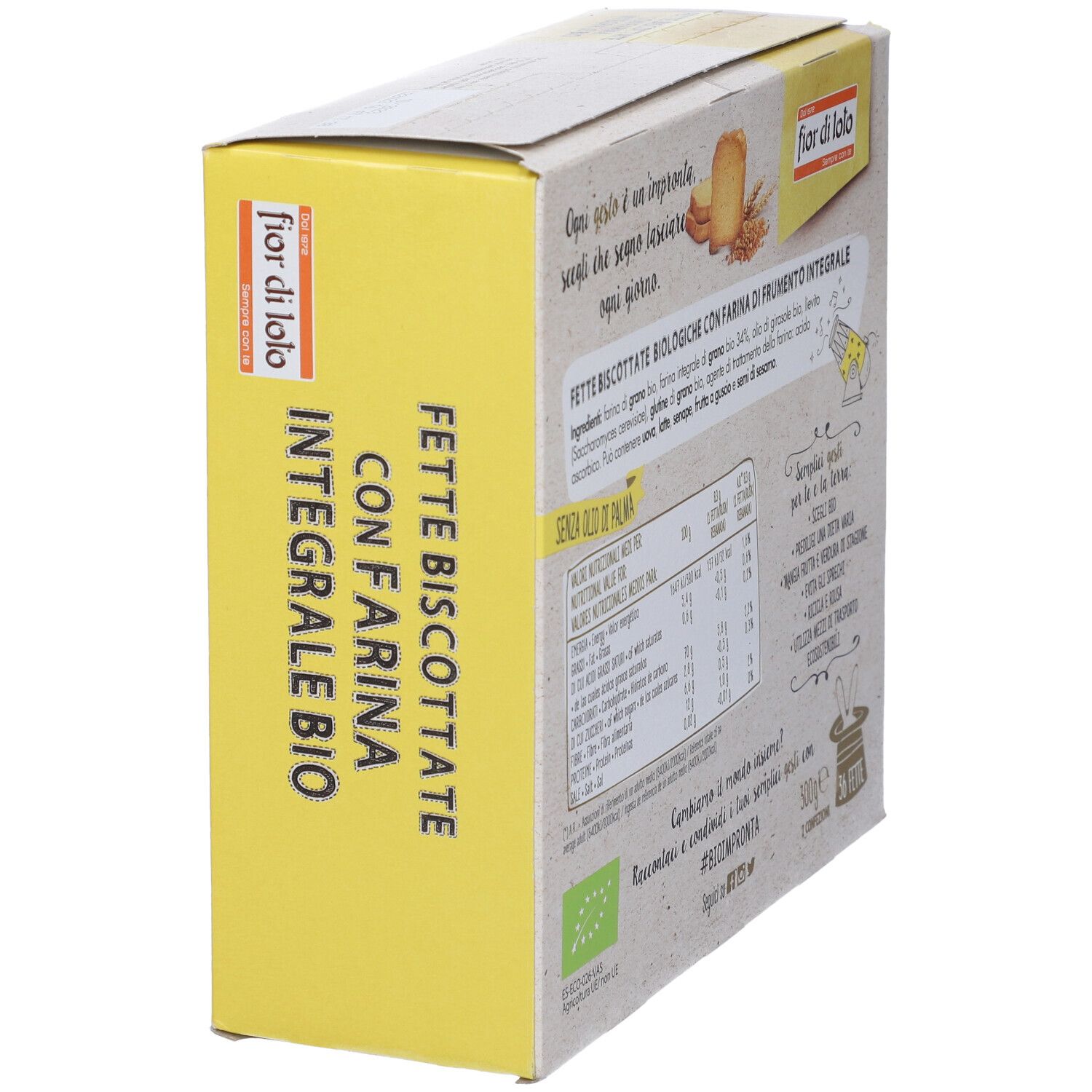 Vista laterale della confezione Fette Biscottate Integr Frum. Scritta: Fette Biscottate con Farina Integrale Bio.