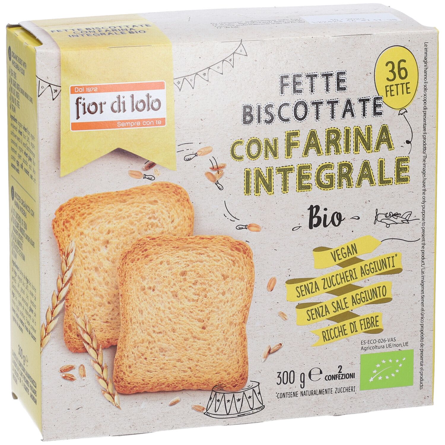 Confezione di Fette Biscottate Integr Frum. Scritta: Fette Biscottate con Farina Integrale Bio. 36 Fette. Vegan.