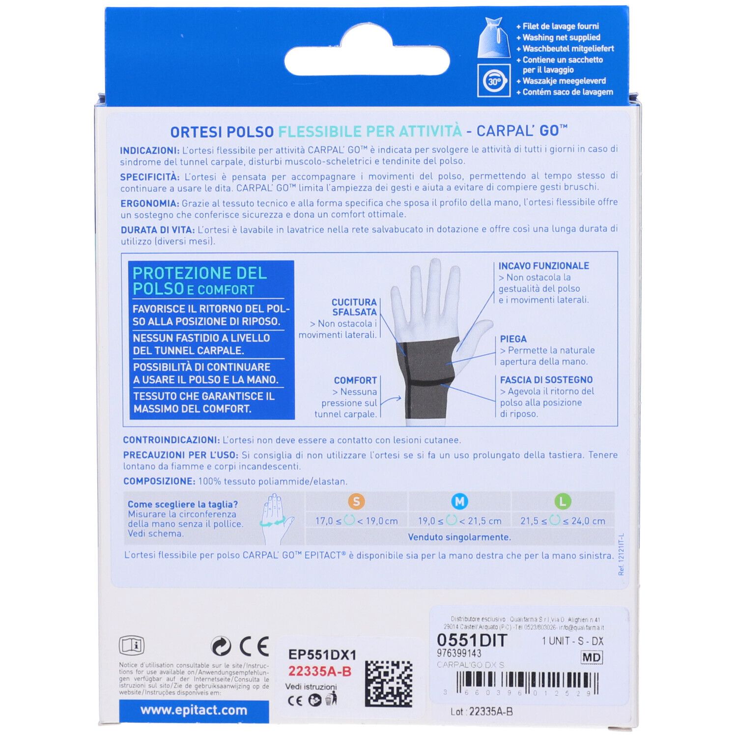 Rückseite der Epitact Carpal'Go Destro Taglia S Verpackung. Text und Diagramme. Größenangaben S, M, L.