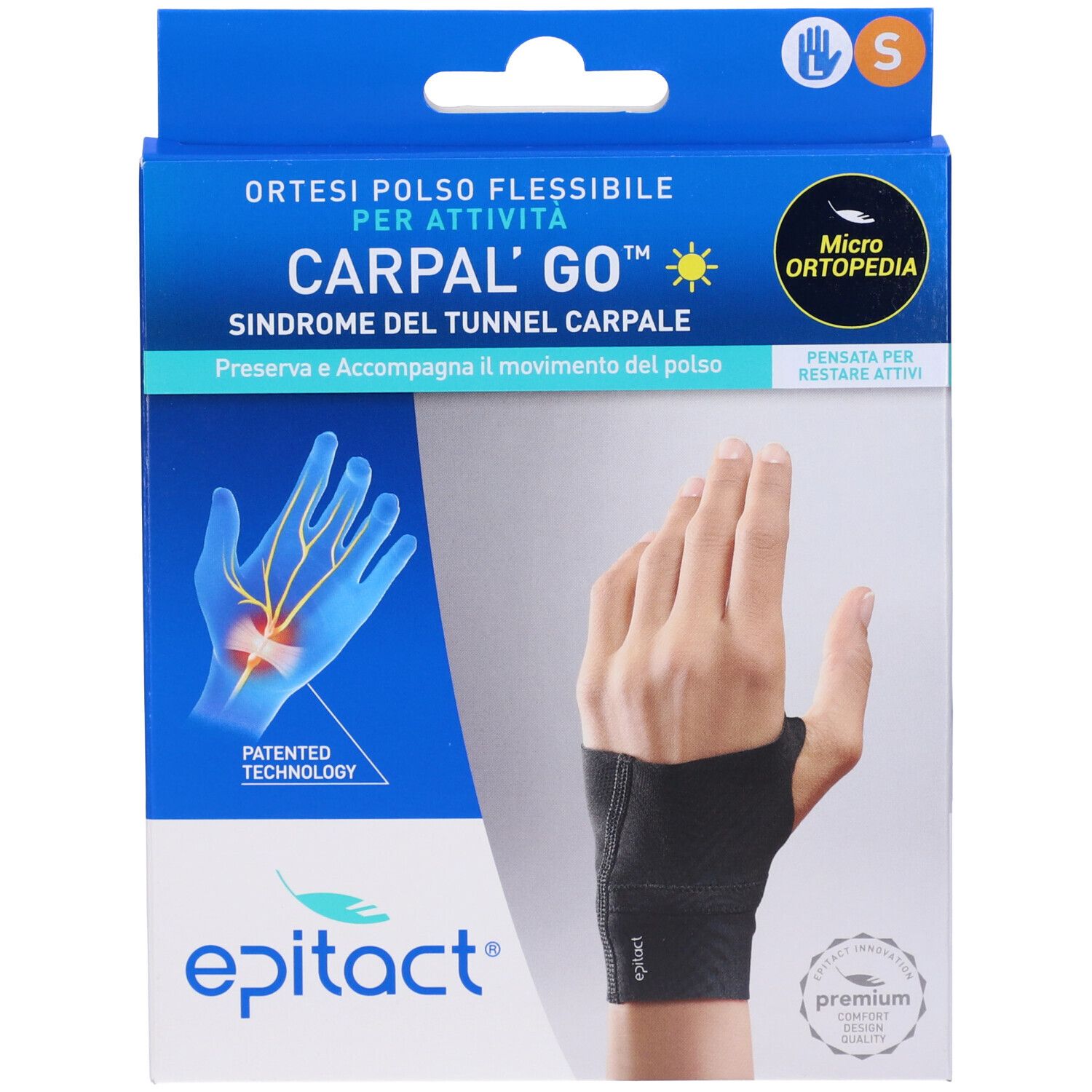 Verpackung von Epitact Carpal'Go Sinistro Taglia S. Blaue Schachtel mit Produktabbildung und Text.
