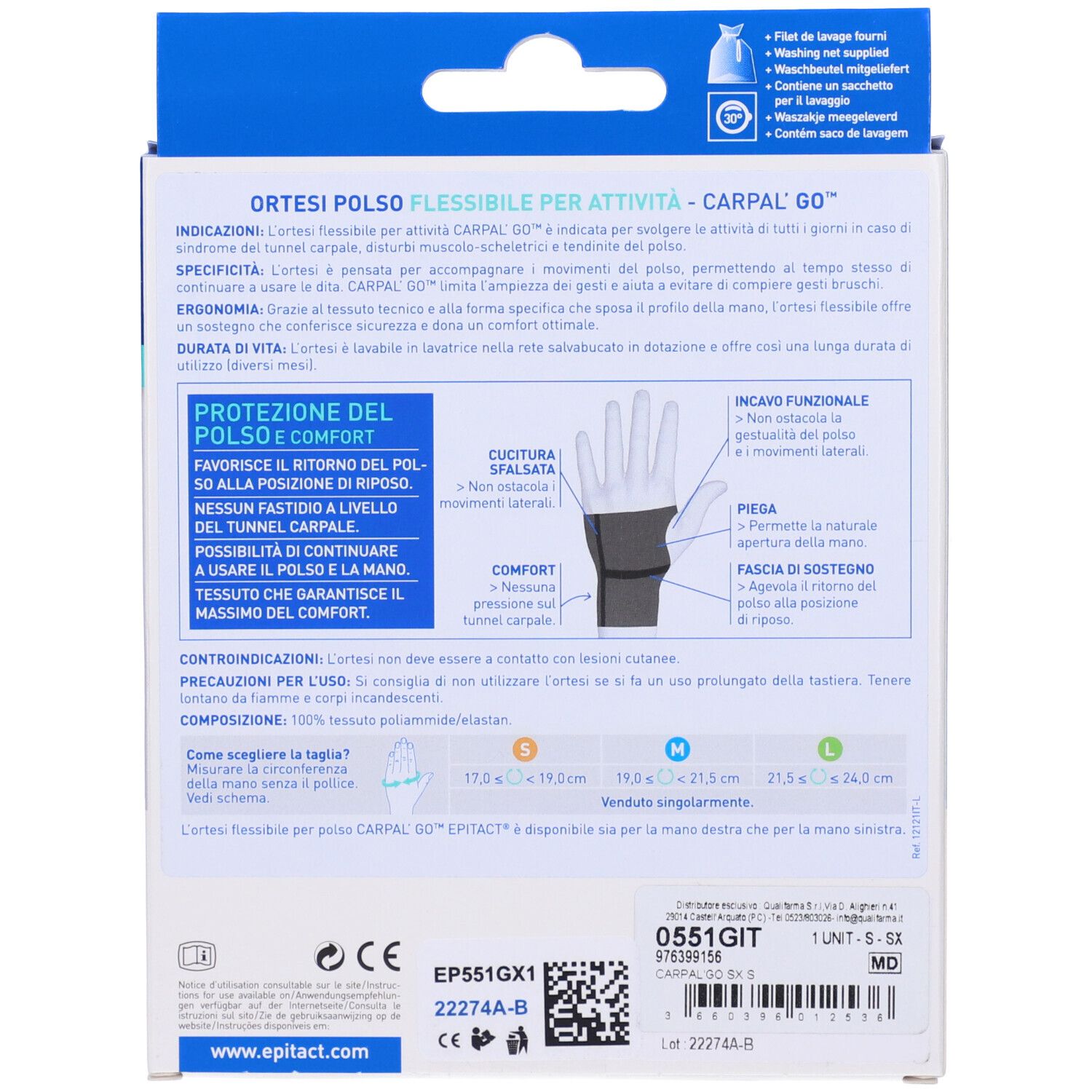 Rückseite der Epitact Carpal'Go Sinistro Taglia S Verpackung. Text, Produktabbildung und Größenangaben.