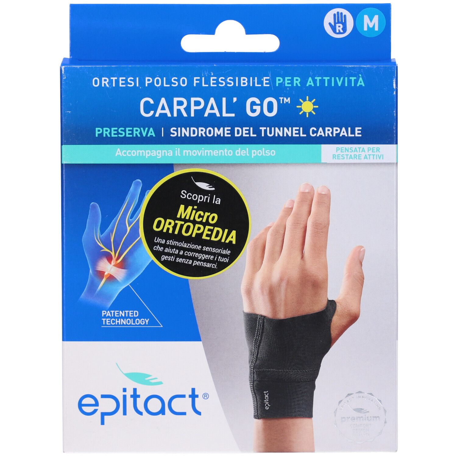 Epitact Carpal'Go Destro Taglia M. Handgelenkbandage in Verpackung. Blaue Schachtel mit Produktabbildung und Text.